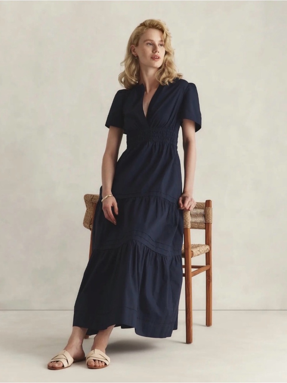 NWT Quince Organic Cotton Navy Smocked-Tier Maxi Dress-size M - Picture 2 of 9